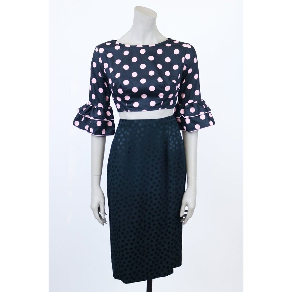 Vintage 1960s 60s Black & Pink Polka Dot Flared Sleeve Crop Top Deadstock XS